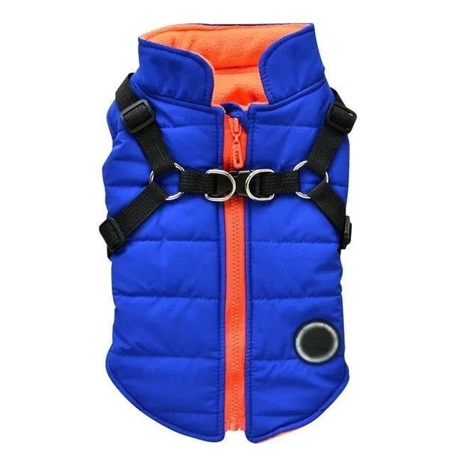 Dog zipper jacket with front zipper and leash harness opening in black
