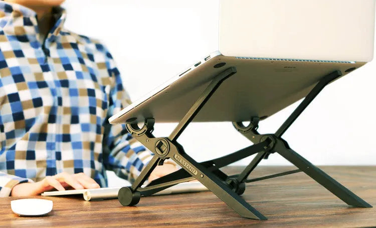 Black reinforced nylon folding laptop stand shown in a folded position with dimensions.