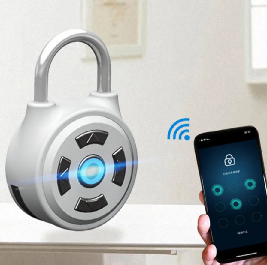 Silver smart padlock with direction button password lock and Bluetooth electronic lock feature