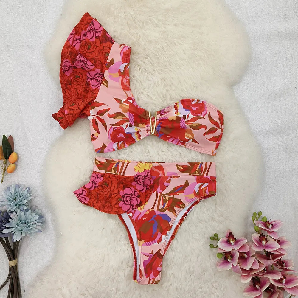 Women's pink floral print one-shoulder bikini with ruffles and high-waist briefs