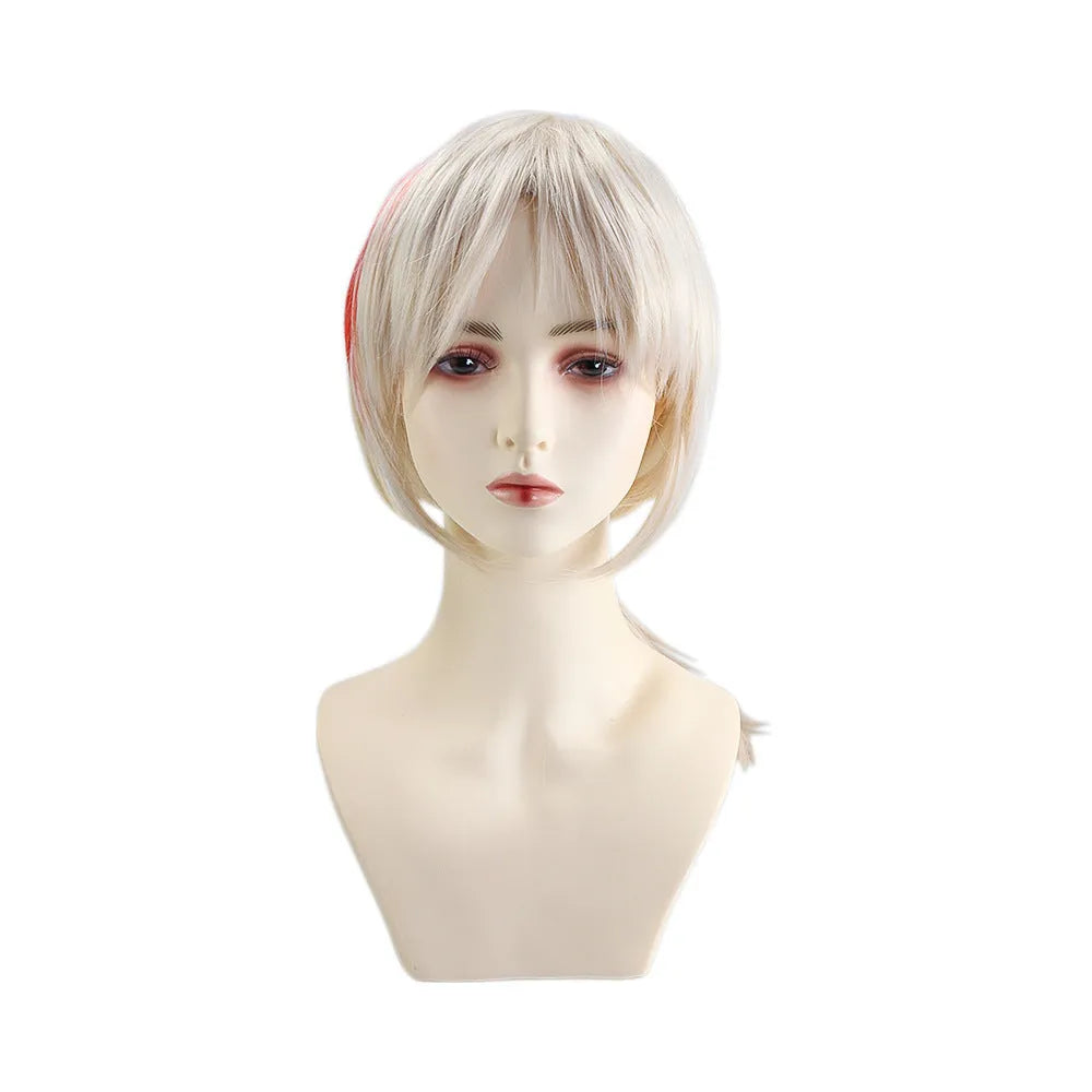Halloween cosplay costume set with wig, coat, shorts, leggings, gloves, and accessories in cotton-polyester blend.