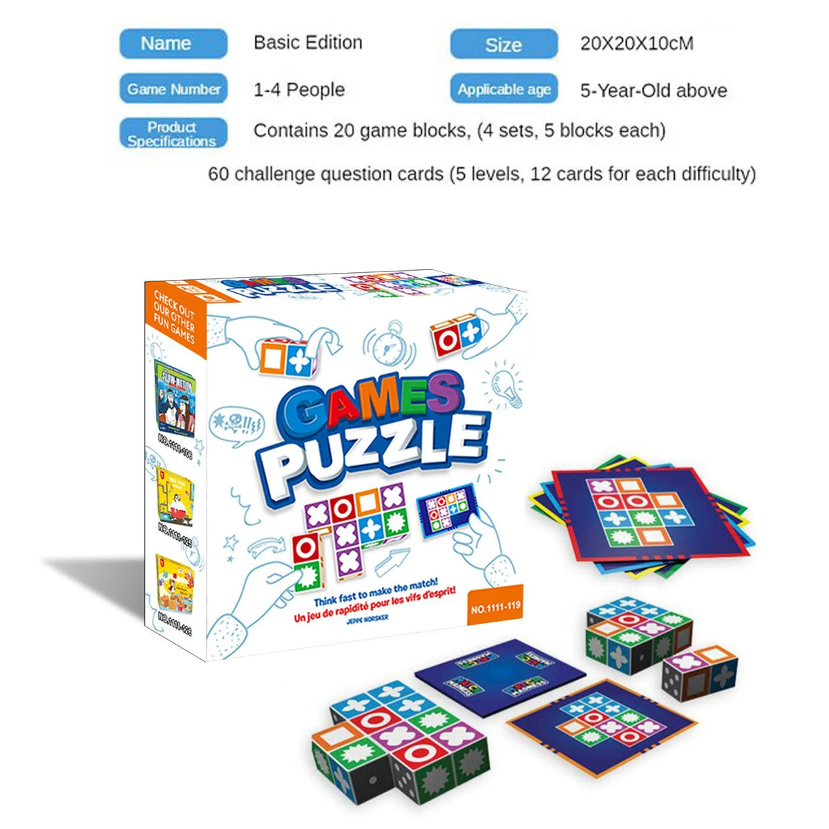 Spatial logical thinking board game with 20 coloured ABS blocks and 60 pattern cards in a colour box.