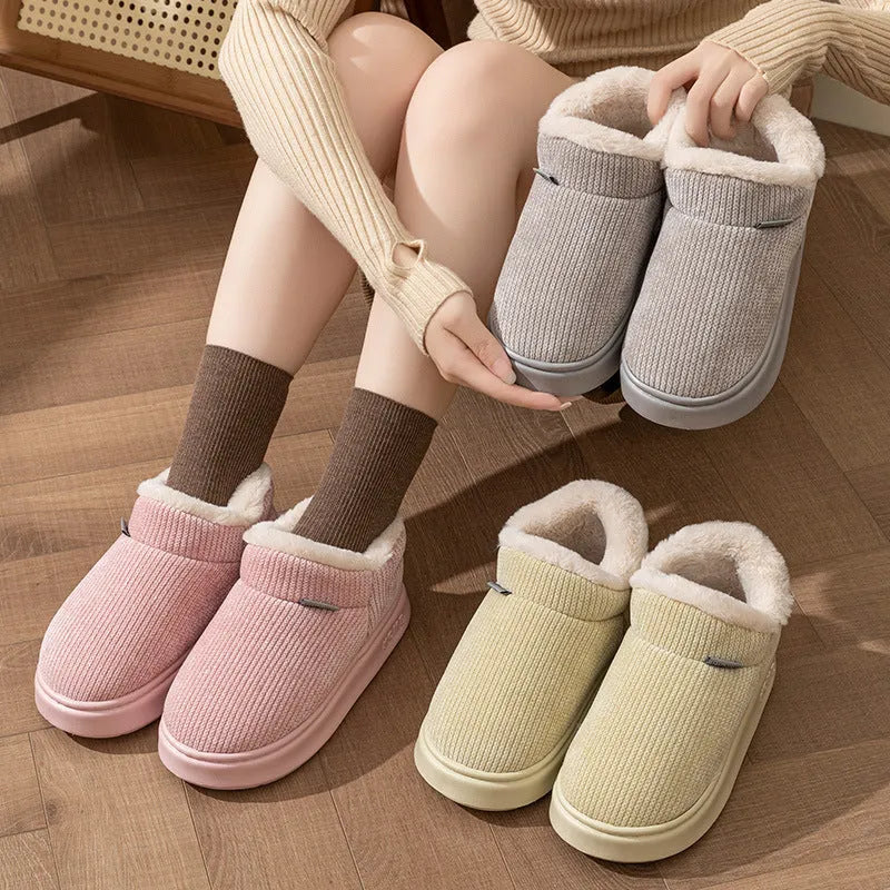 Ankle wrap cotton slippers in green with plush upper and EVA non-slip sole