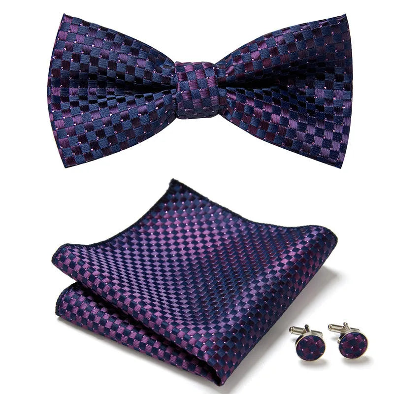 Floral Bow Tie Set of Three Pieces Polyester Yarn Hand-Sewn 12cm by 6cm Bow Tie with Matching Pocket Square 25x25cm and Cufflinks 1.5cm for Men's Formal Wedding and Party Accessories Multistyle Options