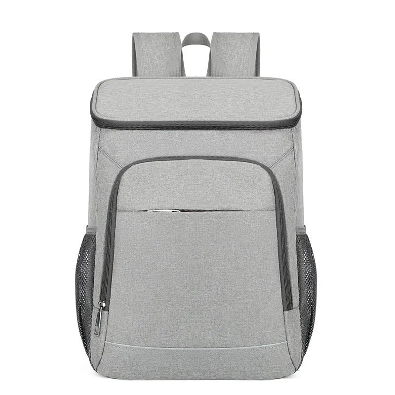 Large black outdoor thermal picnic backpack with curved shoulder straps on a gray background.