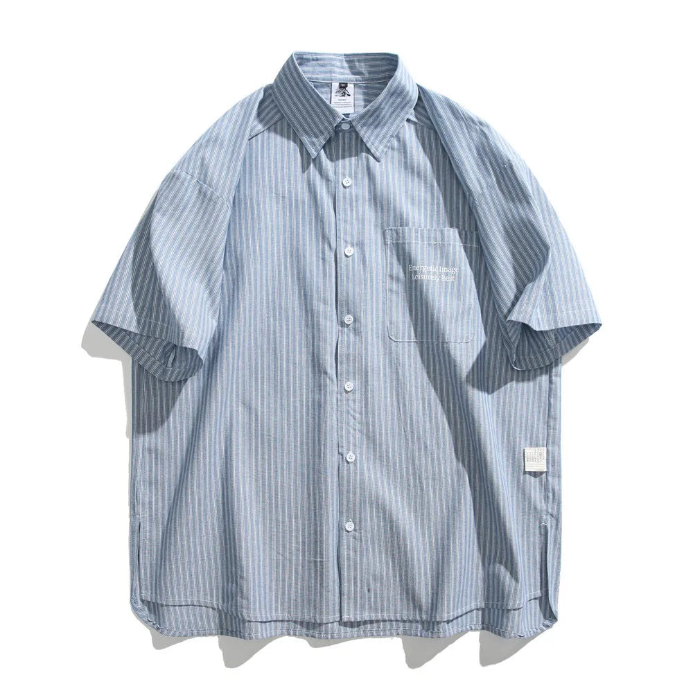 Blue striped short-sleeved overalls shirt in a loose cardigan style for casual wear.