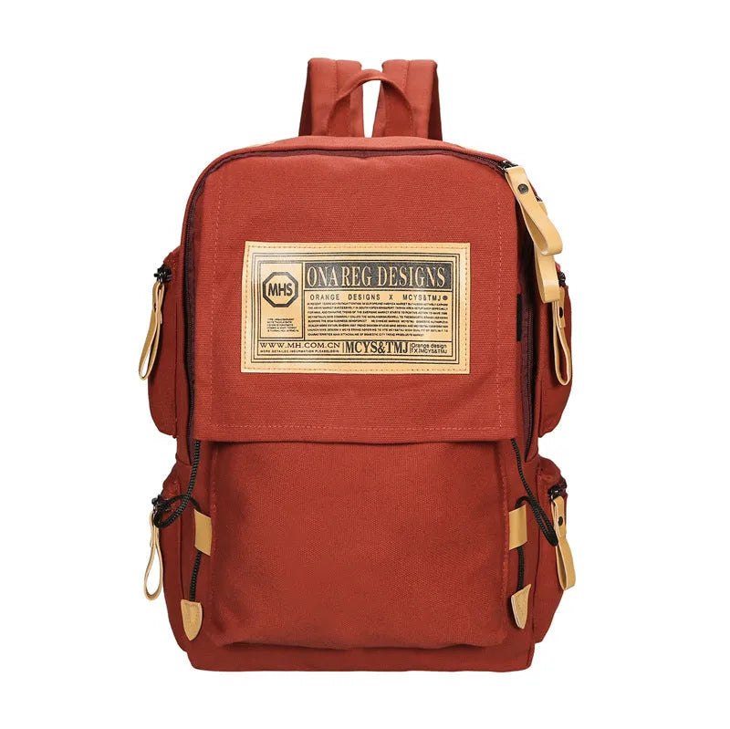 Korean canvas backpack in black with rain cover, double shoulder straps, and zipped internal pockets for travel and campus use