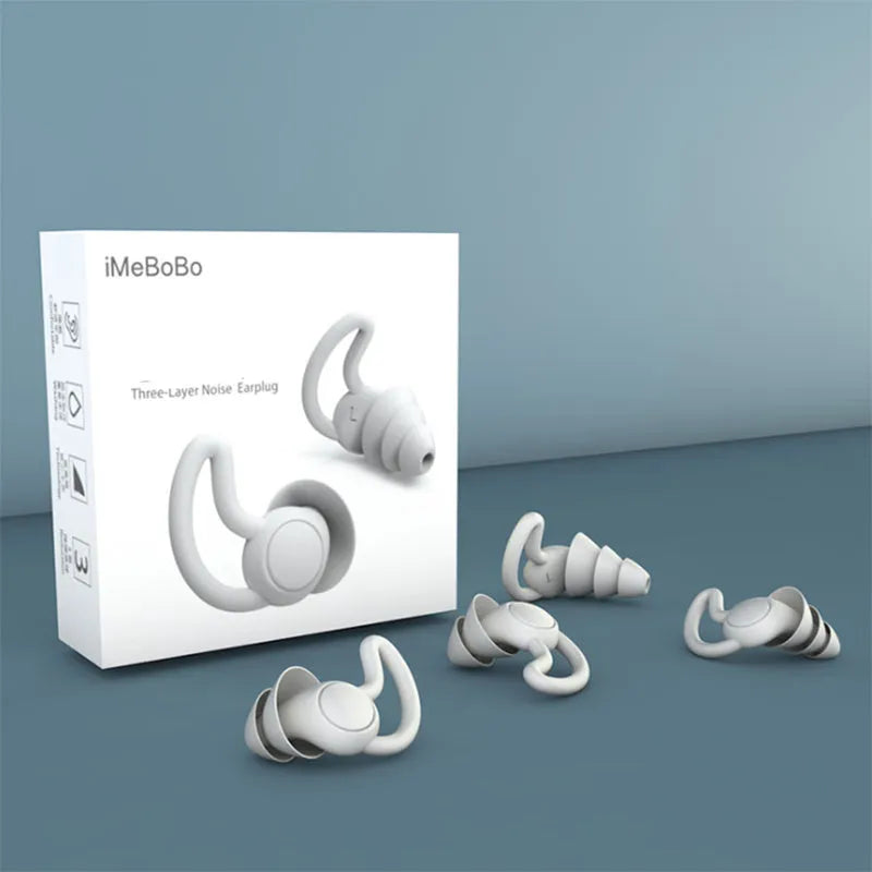 Anti-noise silicone sleep earplugs in black and grey with shark fin shape, 17mm x 14mm, two pairs