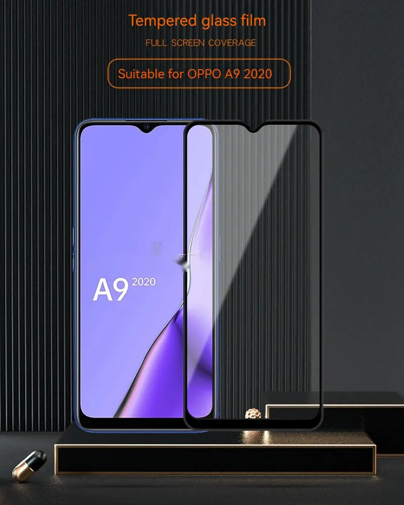 OPPO A9 2020 full screen tempered glass screen protector with black edges and anti-fingerprint coating