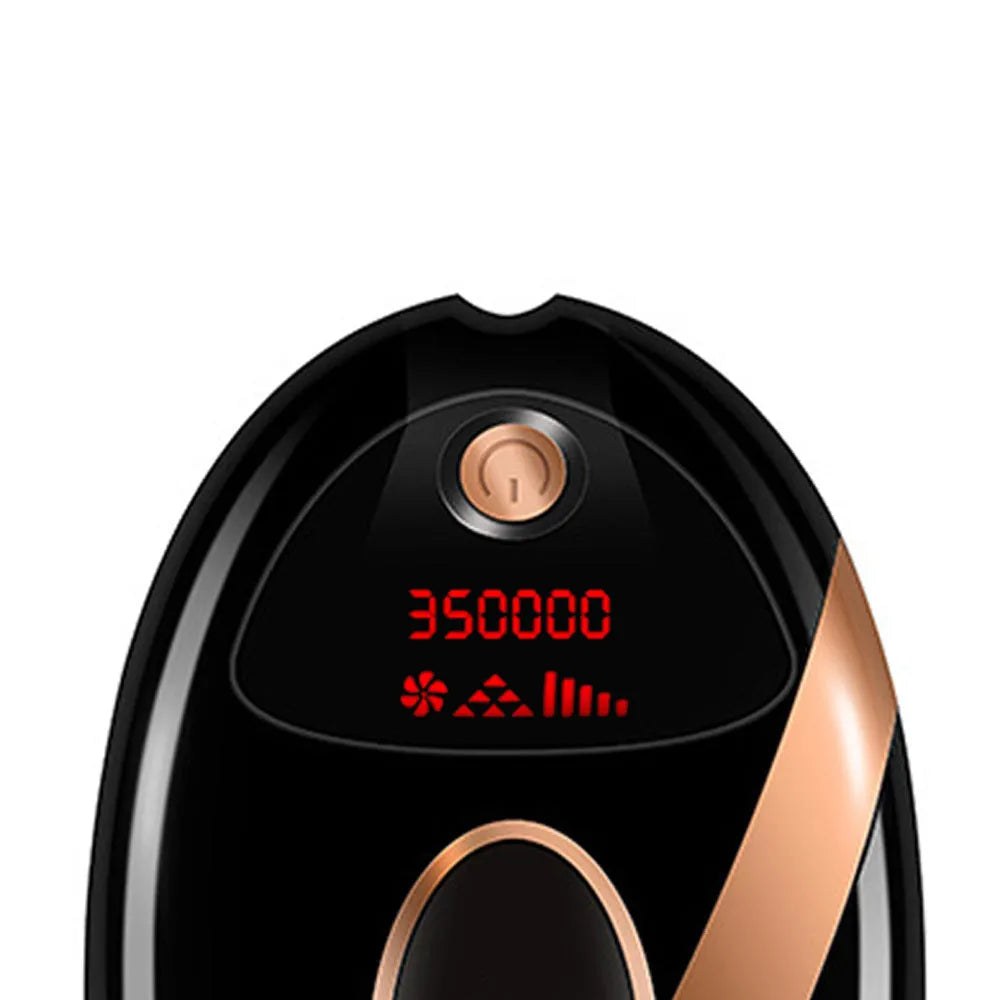 Black ABS IPL laser hair removal machine with 350,000 flashes for full body use, compact 14x7.5x4.5 cm