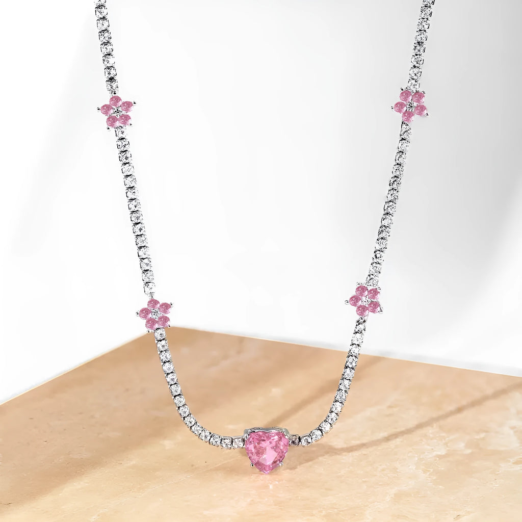925 sterling silver tennis necklace with heart-shaped pendant for women, electroplated finish