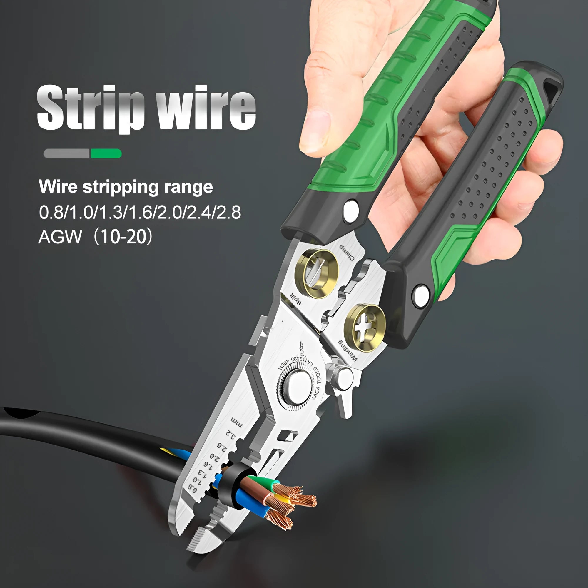 Multifunctional stainless steel wire stripper with two-colour handle and seven stripping apertures