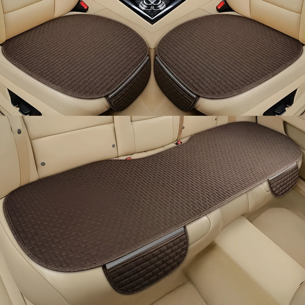 Linen plaid car cushion set showing classic black and red, coffee, and cream colour options
