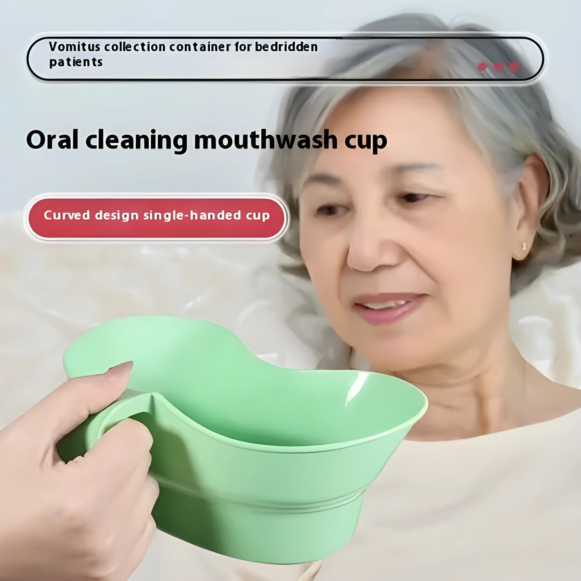 Green plastic nursing gargle cup with spout for bedridden patient drinking assistance