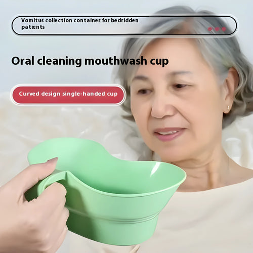 Green plastic nursing gargle cup with spout for bedridden patient drinking assistance