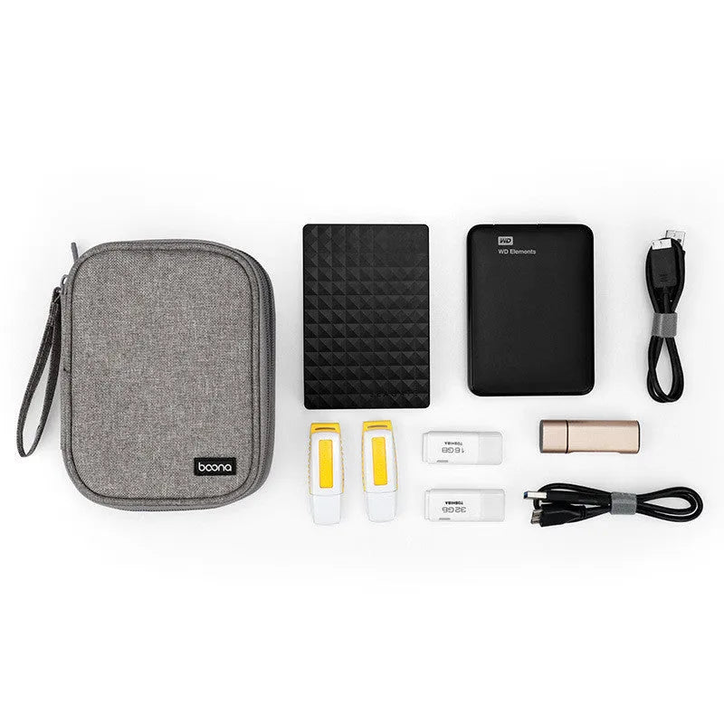 Black and grey Oxford cloth protective cases for 2.5-inch portable hard drives.