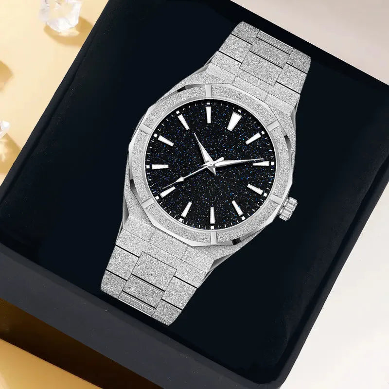 Men's stainless steel business watch with luminous markers on a frosted bracelet, shown in black, gold, and silver colour options.