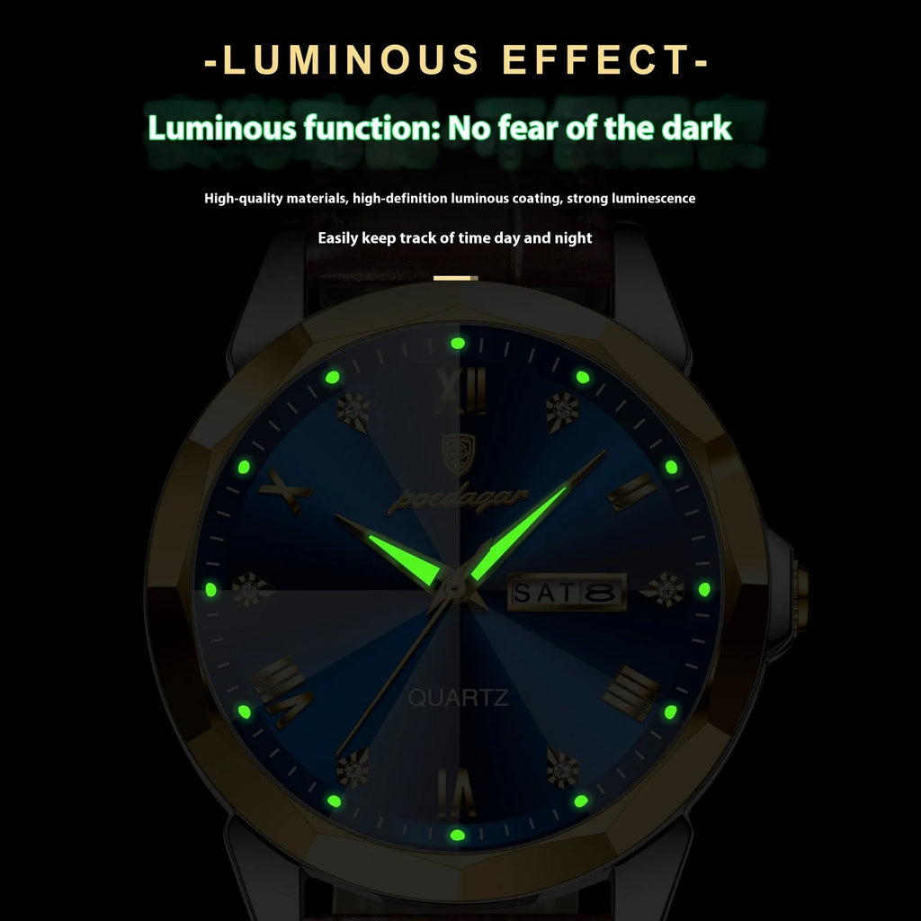 Men's belt style luminous quartz watch with genuine leather strap and round alloy case on display