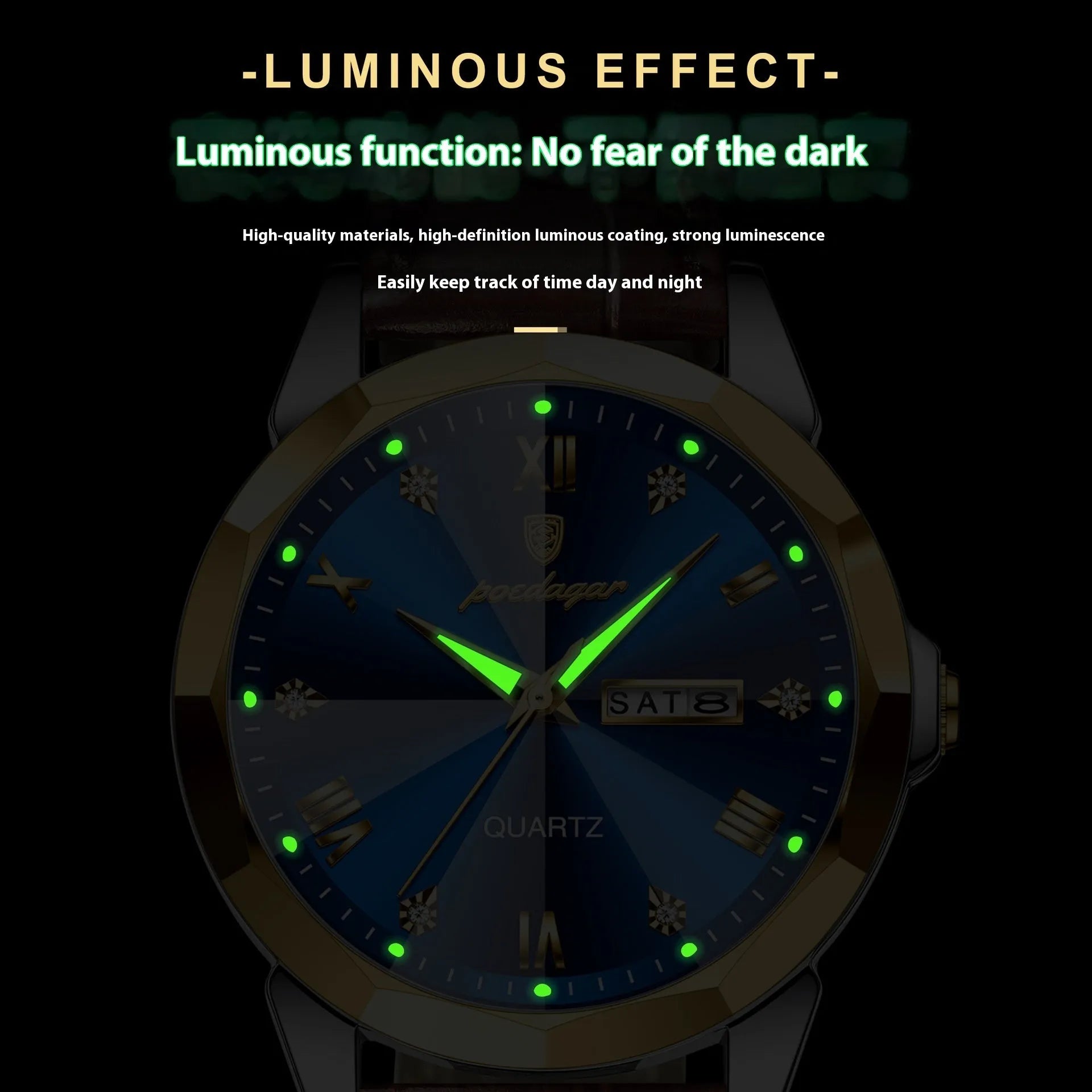Men's belt style luminous quartz watch with genuine leather strap and round alloy case on display