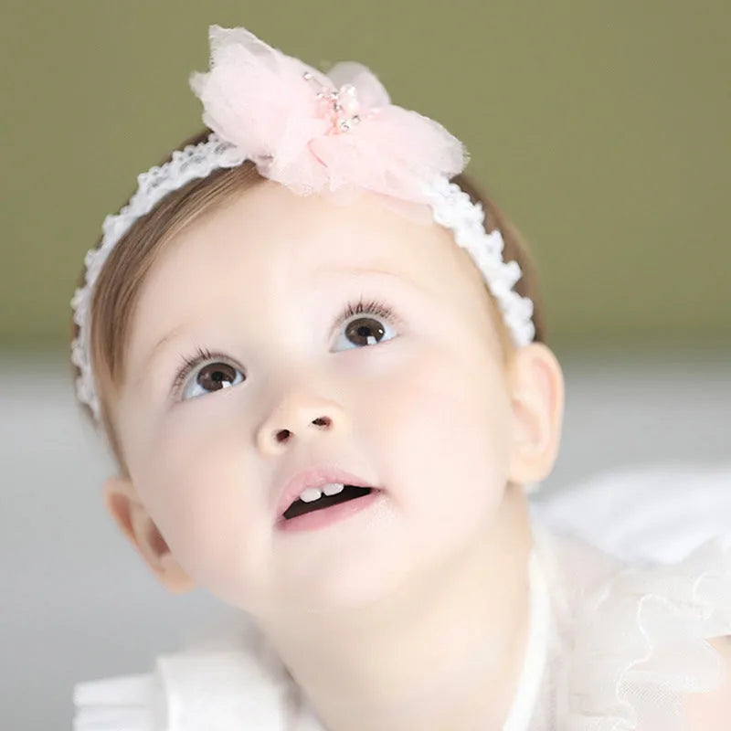 Handmade flower baby hair band in pink, beige, white, blue or green, 32cm 38cm or 40cm