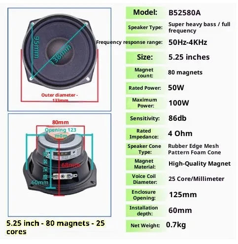 5.25-inch full-range speaker with 80 magnet or 100 magnet options for car and home audio