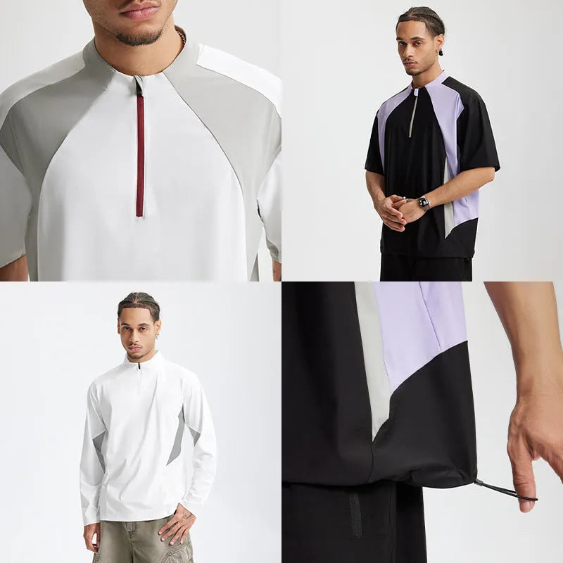 Men's solid colour polyester casual top shown in black and beige, available in long sleeve and short sleeve styles.