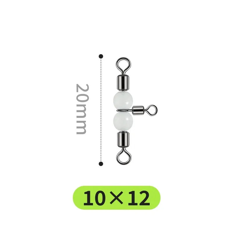 Copper three-fork fishing lure swivel beads with luminous material and eight rotating rings.