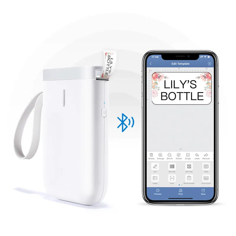 D11 Bluetooth handheld label printer in various colours with thermal paper