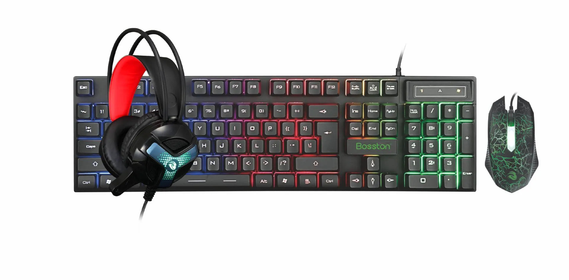 Thunder Wolf gaming keyboard and mouse set with headset and mouse pad on desk