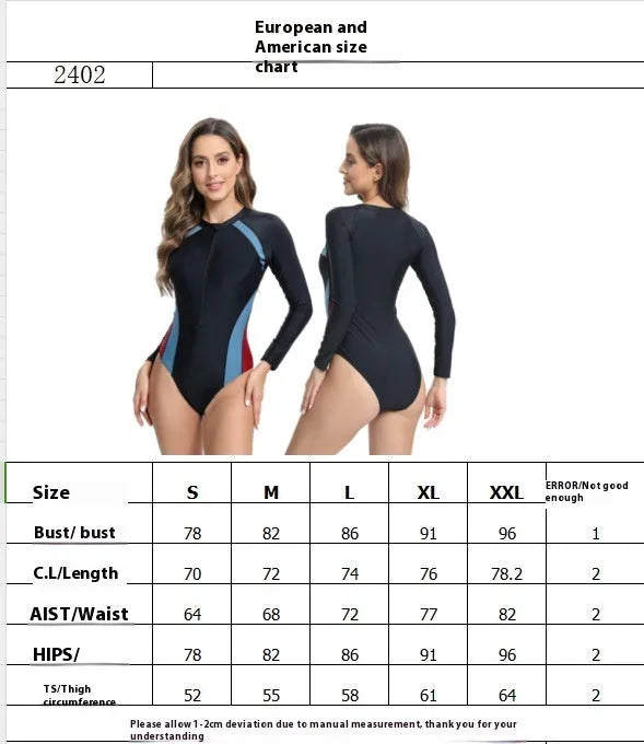 Racing training swimsuit with front zipper and long sleeves in blue and red colour combination