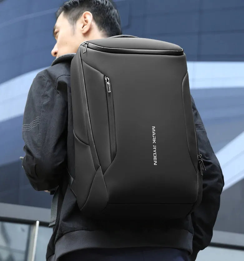 Oxford cloth black backpack with 108° opening and USB charging port, 20-35L capacity