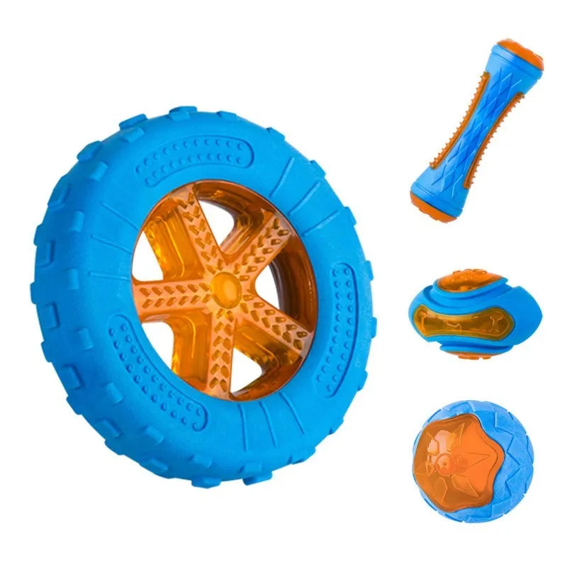Funi Bite blue TPR dog training ball with teeth cleaning ridges on textured surface