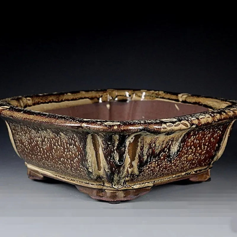 Purple sand square ceramic bonsai pot with coloured glaze, 27x27x9cm, handmade antique planter for flowers and green plants