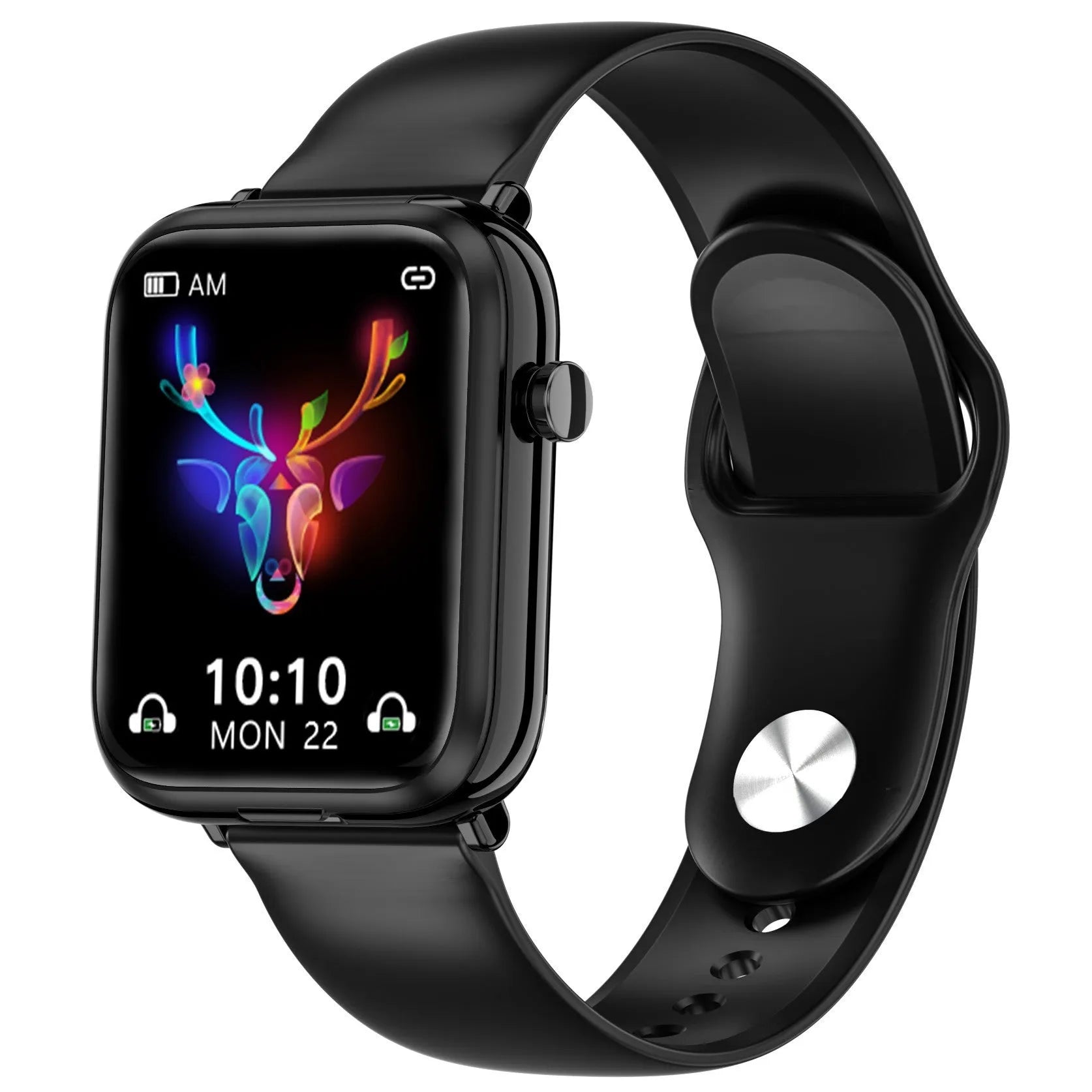 Black zinc alloy smartwatch with 1.69-inch touchscreen and integrated Bluetooth headset charging case.
