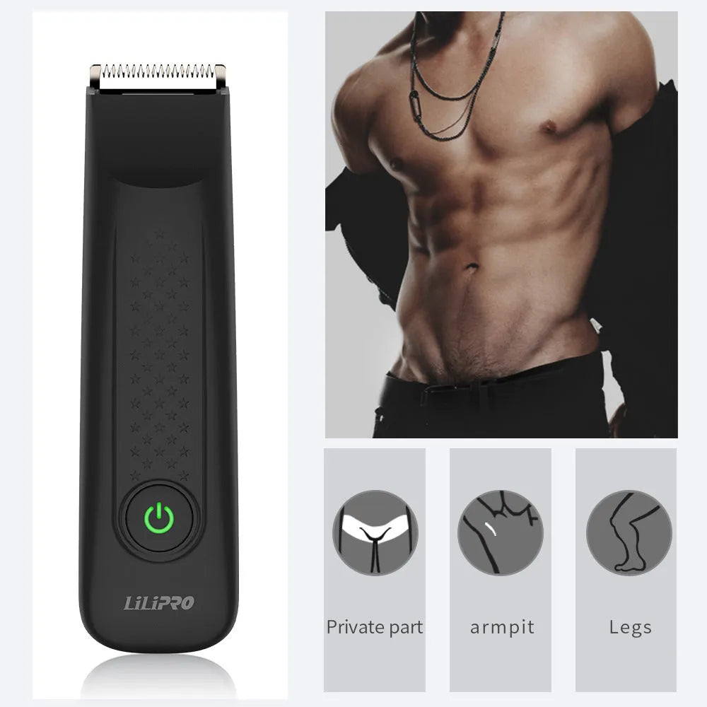 Black rechargeable men's body hair shaver with ceramic blade, waterproof body, USB cable, and limit comb.