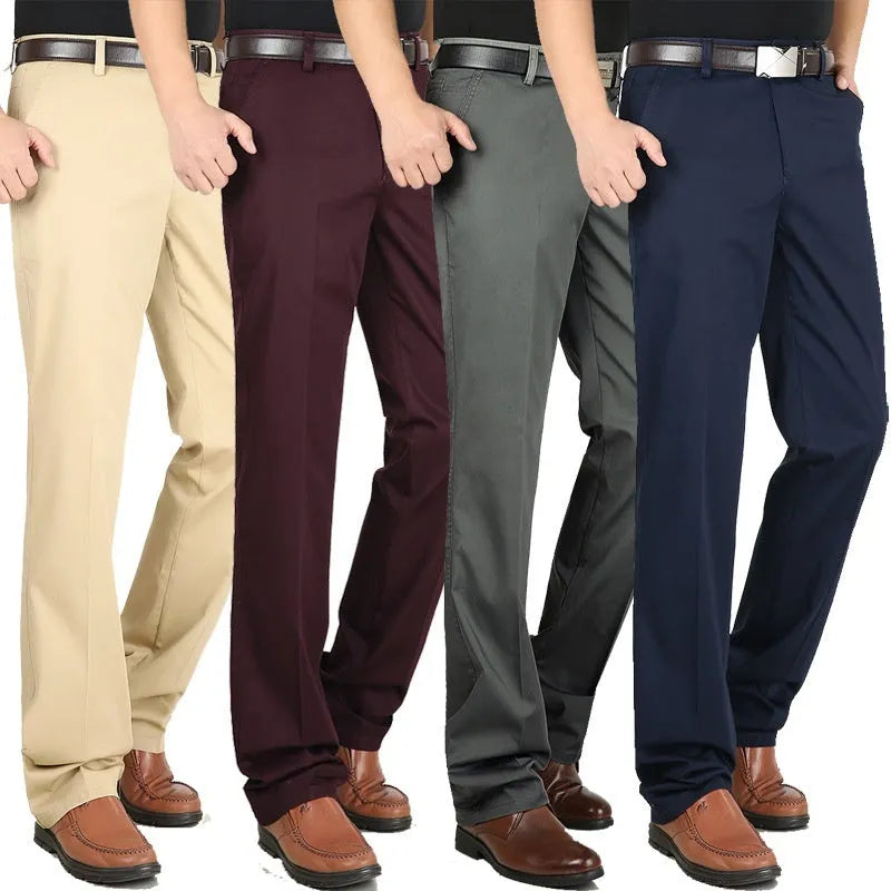 Men's casual elastic cotton high waisted loose trousers in creamy white, shown flat front view