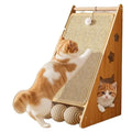 Vertical wall-mounted cat scratch board with sisal and hemp rope, featuring a dangling teasing ball.