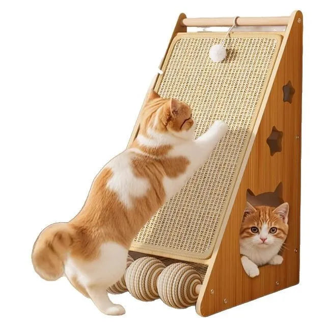 Vertical wall-mounted cat scratch board with sisal and hemp rope, featuring a dangling teasing ball.