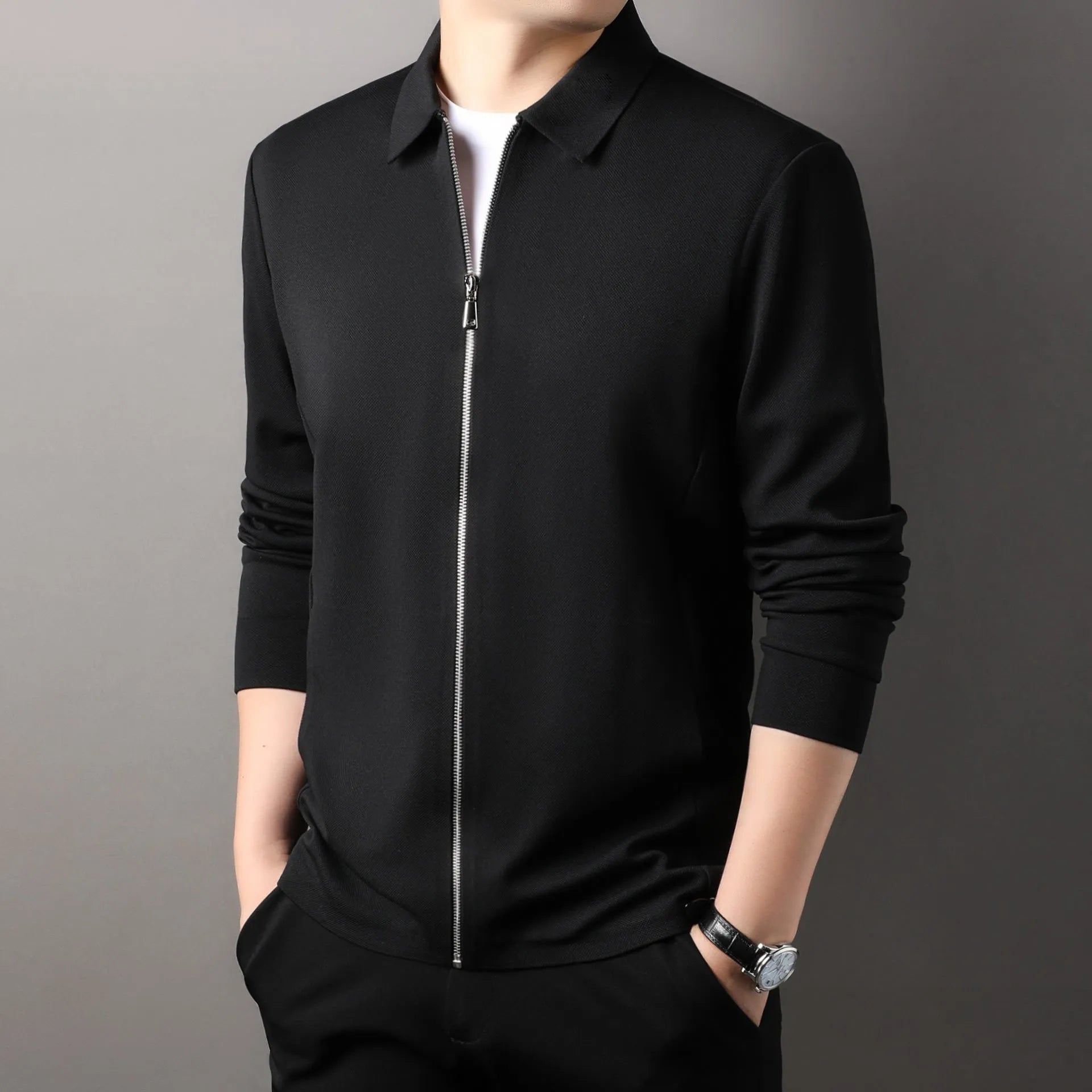 Men's polyester casual business jacket in black, dark grey, or apricot with long sleeves and straight hem.