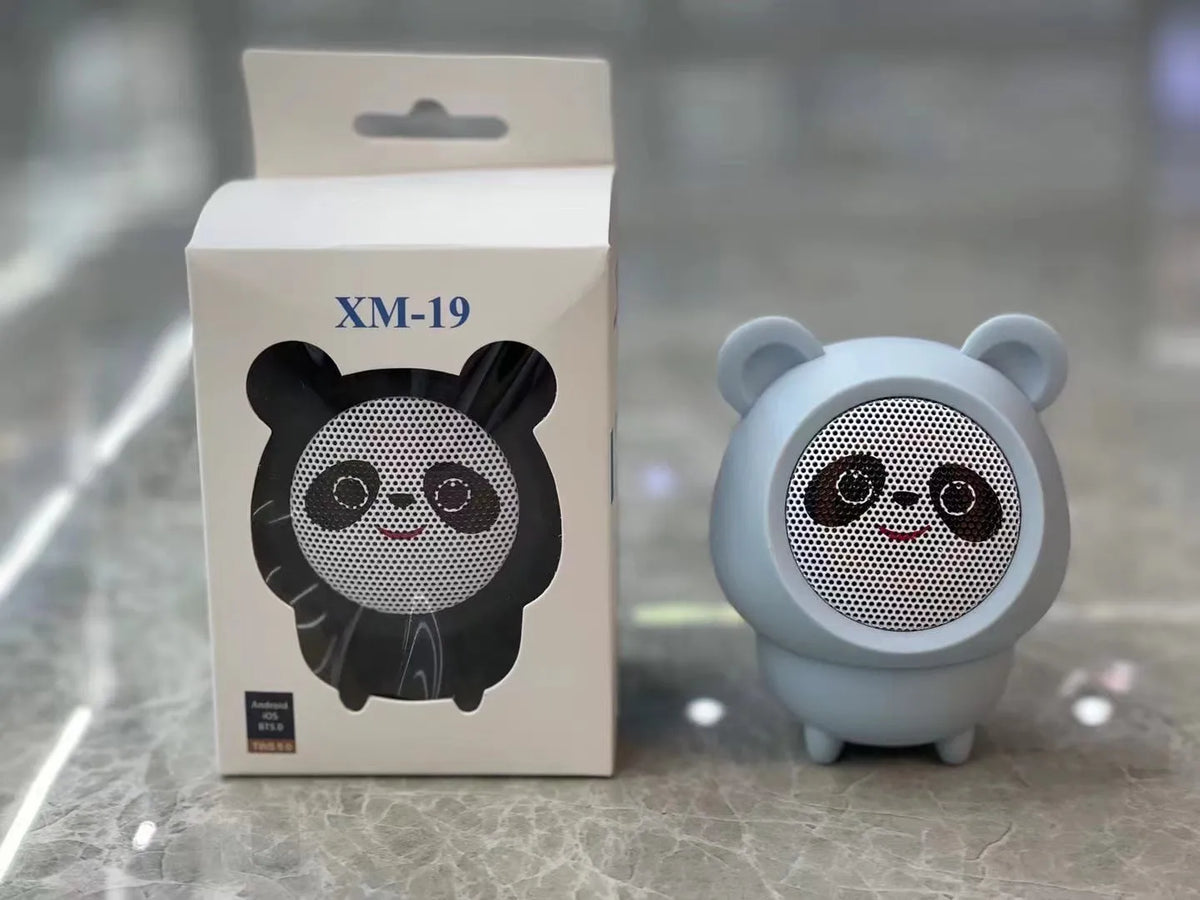 Cartoon panda desktop Bluetooth speaker in plastic, shown in one of five colours: white, pink, blue, black or brown.