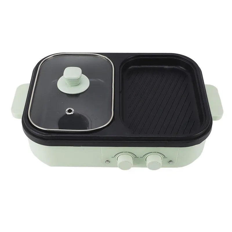 Green and white dual-function electric hot pot and frying oven appliance for 2-3 people