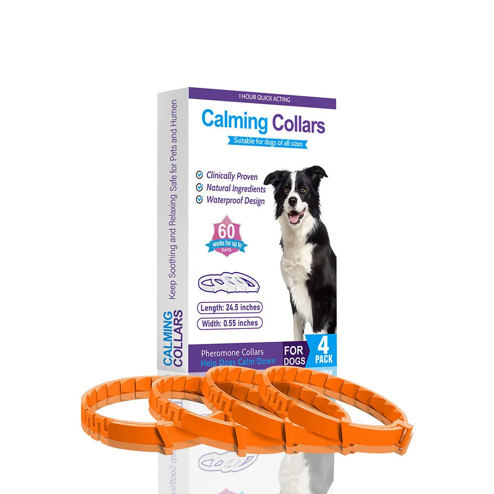 Four dog calming collars in assorted colours with adjustable 62cm length and TPR material