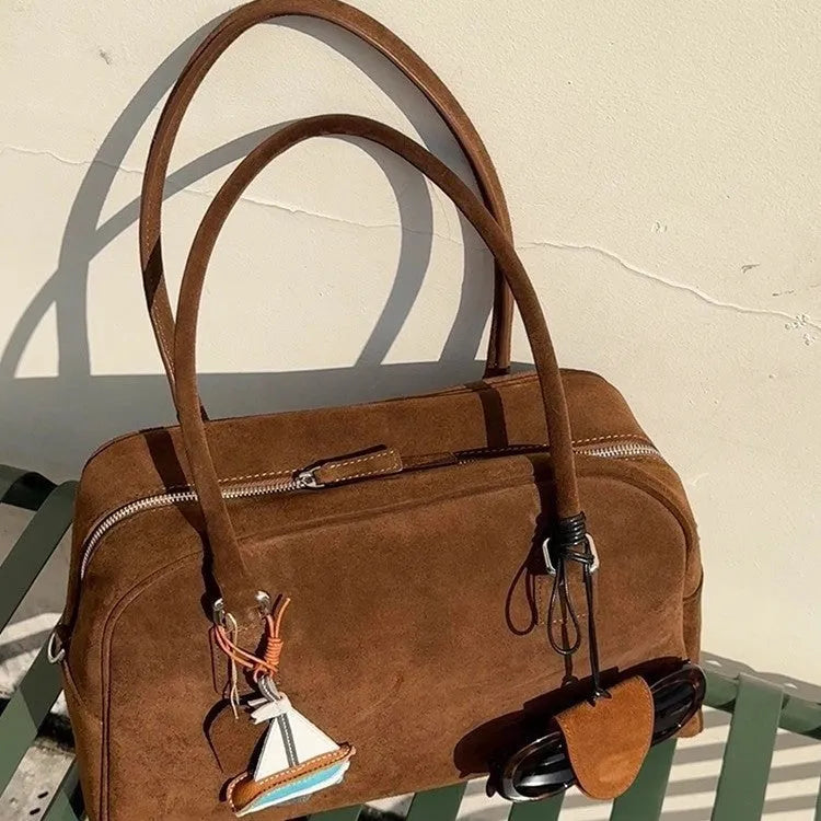 Brown suede large capacity underarm pillow bag with horizontal square shape and polyester lining