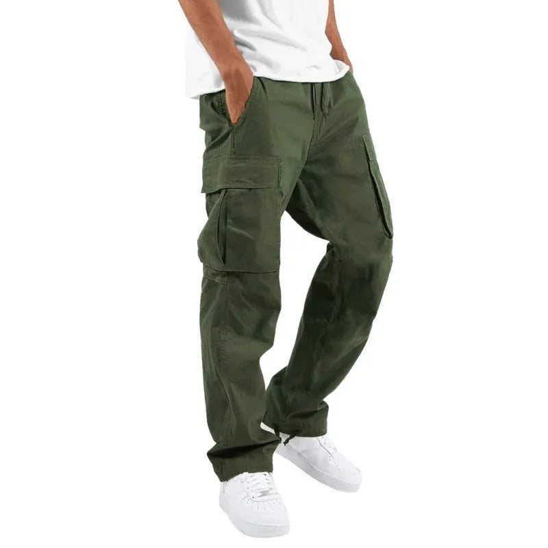 Trade drawstring multi-pocket casual trousers in black cotton blend, loose fit work clothes
