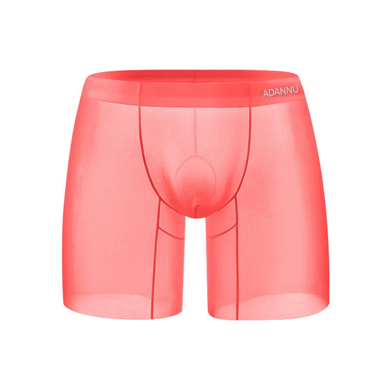 Men's solid colour boxers in ice silk nylon fabric showing low-waist design in orange, pink, and red options