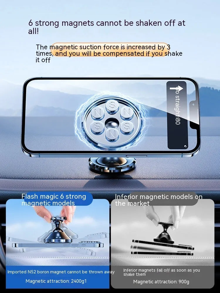 Shiny black magnetic car phone holder with adhesive base mounted on a car dashboard.