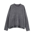 Grey ribbed knit women's sweater with contrast stripes, long sleeves, regular fit, 50cm length, sizes S M L