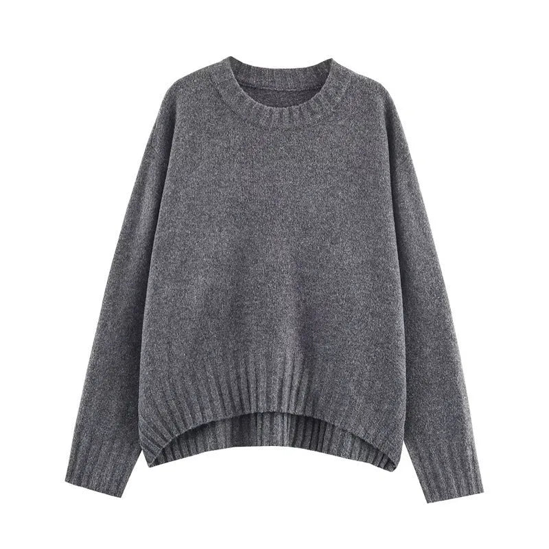 Grey ribbed knit women's sweater with contrast stripes, long sleeves, regular fit, 50cm length, sizes S M L
