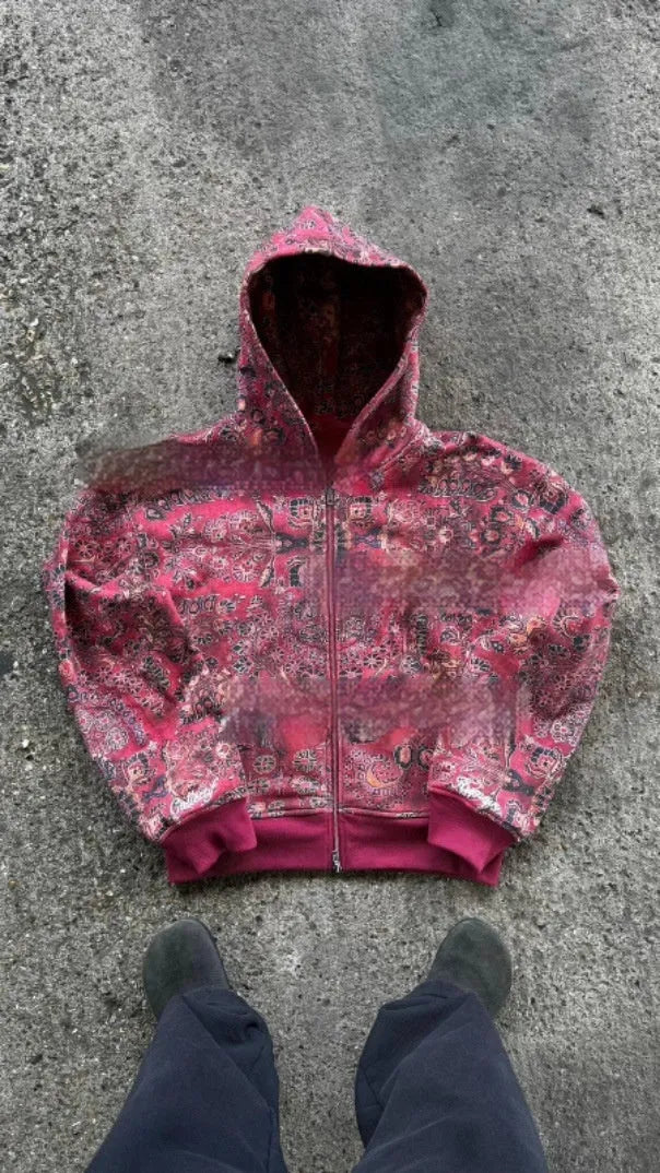 Men's loose fit hooded zip coat in red colour with polyester fabric for casual autumn wear