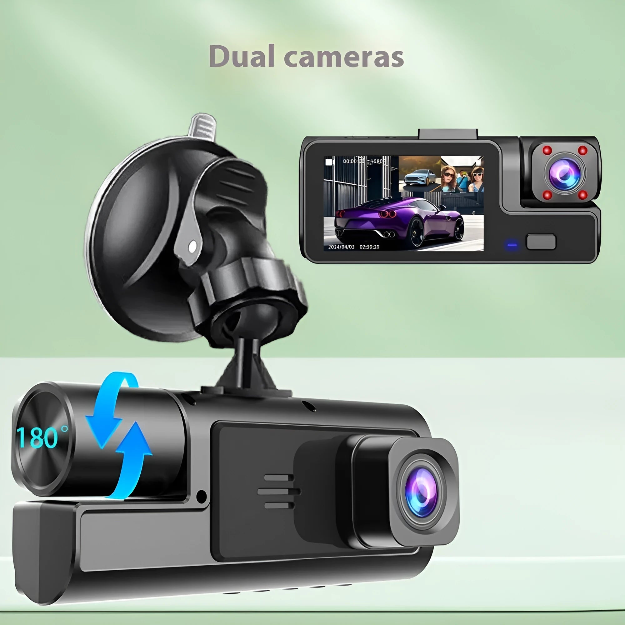 WiFi-connected car dash camera with 2.0-inch LCD screen showing front and rear recording capability